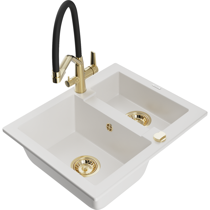 Mexen Carlos granite sink 1.5-bowl with Duo kitchen tap, white - 6518-20-671701-57-G