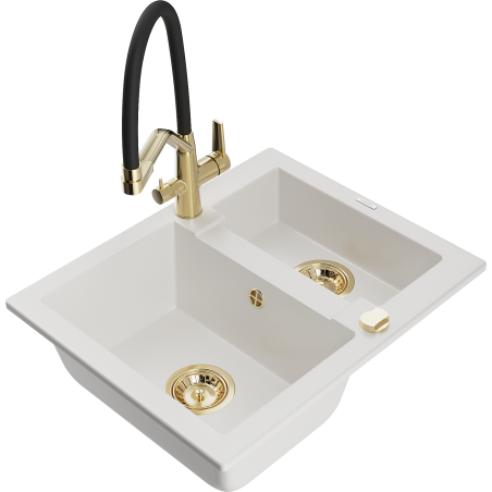 Mexen Carlos 1.5-bowl Granite Sink with Duo Kitchen Faucet, White - 6518-20-671701-57-G
