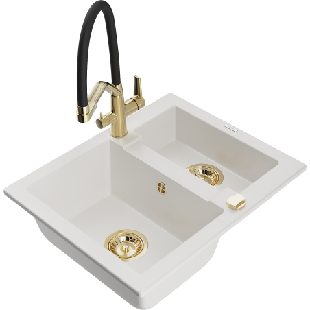 Mexen Carlos granite sink 1.5-bowl with Duo kitchen tap, white - 6518-20-671701-57-G