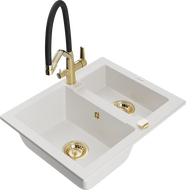 Mexen Carlos 1.5-compartment granite sink with a kitchen mixer tap Duo, white - 6518-20-671701-57-G