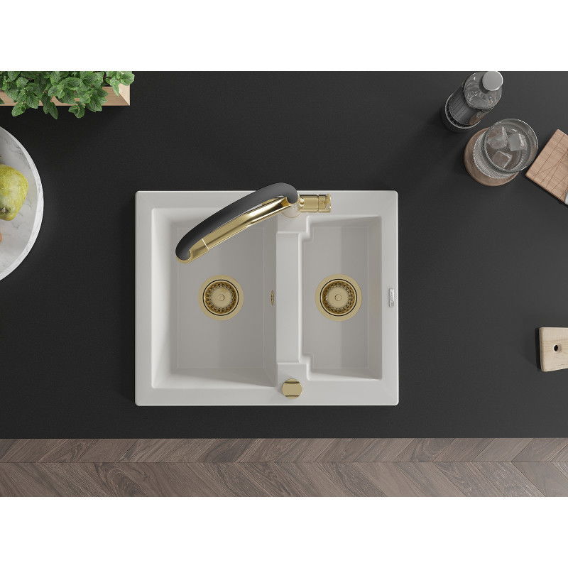Mexen Carlos granite sink 1.5-bowl with Duo kitchen tap, white - 6518-20-671701-57-G