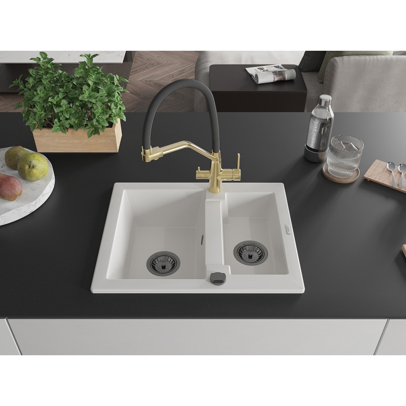 Mexen Carlos granite kitchen sink 1.5-bowl with Duo kitchen faucet, white - 6518-20-671701-57-B