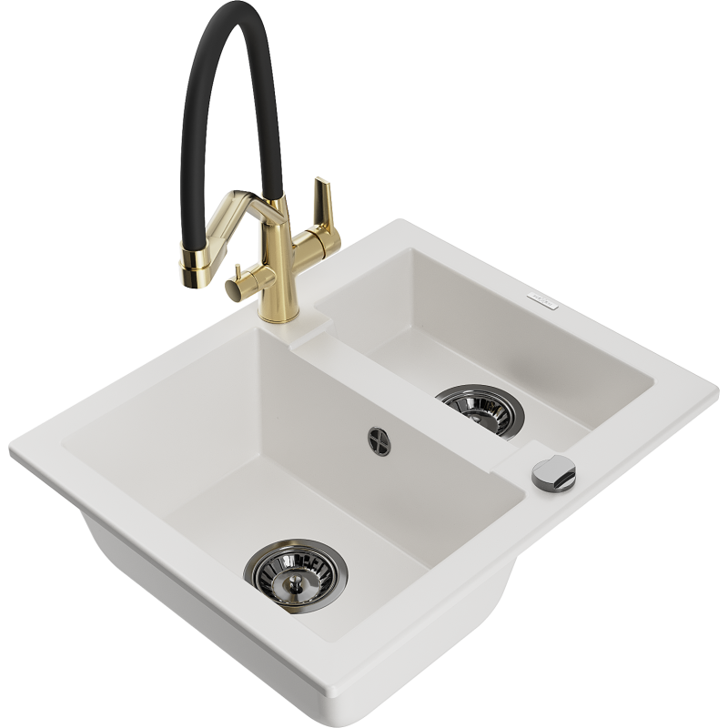 Mexen Carlos 1.5-compartment granite sink with a kitchen mixer tap Duo, white - 6518-20-671701-57-B