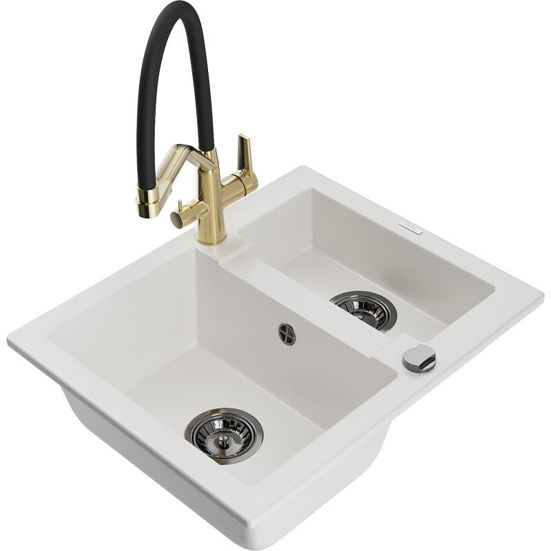 Mexen Carlos granite kitchen sink 1.5-bowl with Duo kitchen faucet, white - 6518-20-671701-57-B