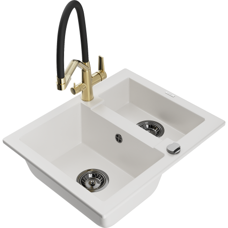 Mexen Carlos 1.5-compartment granite sink with a kitchen mixer tap Duo, white - 6518-20-671701-57-B