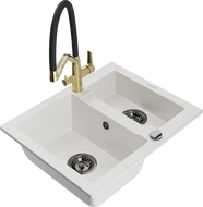 Mexen Carlos granite kitchen sink 1.5-bowl with Duo kitchen faucet, white - 6518-20-671701-57-B