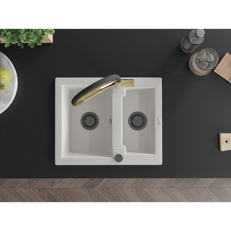 Mexen Carlos Granite Sink 1.5-Bowl with Duo Kitchen Faucet, White - 6518-20-671701-57-B