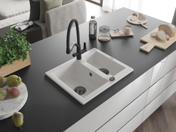 Mexen Carlos 1.5-bowl granite sink with Duo kitchen faucet, white - 6518-20-671701-70-B