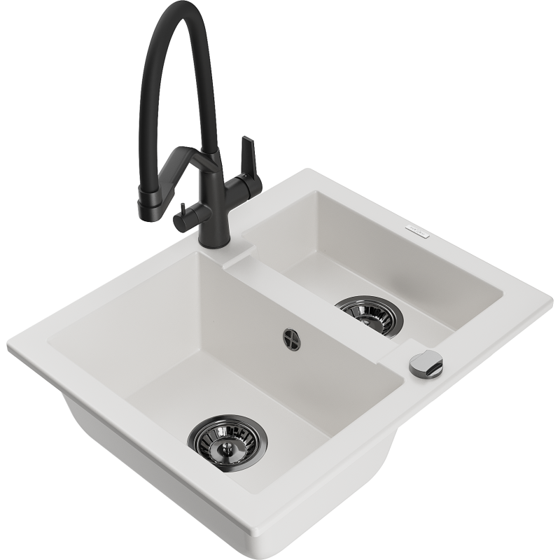 Mexen Carlos 1.5-bowl granite kitchen sink with Duo mixer tap, white - 6518-20-671701-70-B