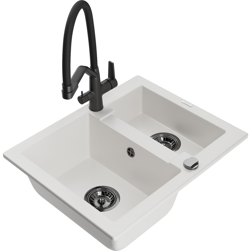 Mexen Carlos 1.5-bowl granite sink with Duo kitchen faucet, white - 6518-20-671701-70-B