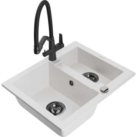 Mexen Carlos 1.5-bowl granite kitchen sink with Duo mixer tap, white - 6518-20-671701-70-B
