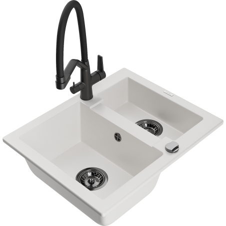 Mexen Carlos 1.5-bowl granite sink with Duo kitchen faucet, white - 6518-20-671701-70-B