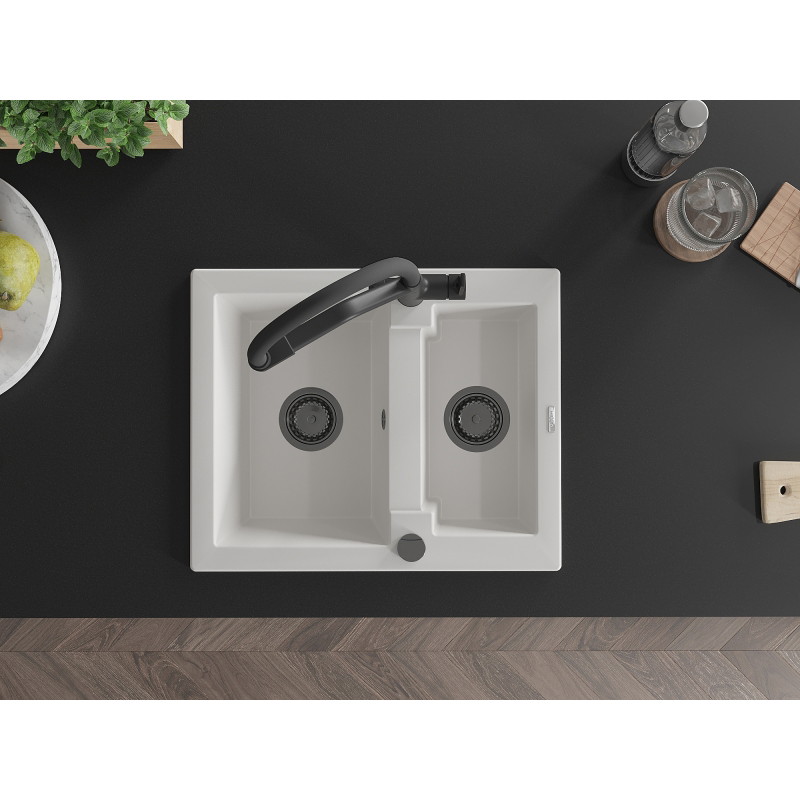 Mexen Carlos 1.5-bowl granite sink with Duo kitchen faucet, white - 6518-20-671701-70-B