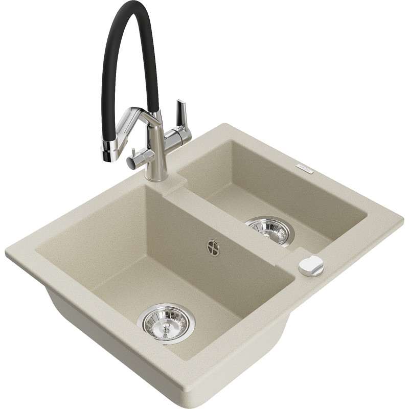 Mexen Carlos 1.5-bowl granite sink with Duo kitchen faucet, beige - 6518-69-671701-07