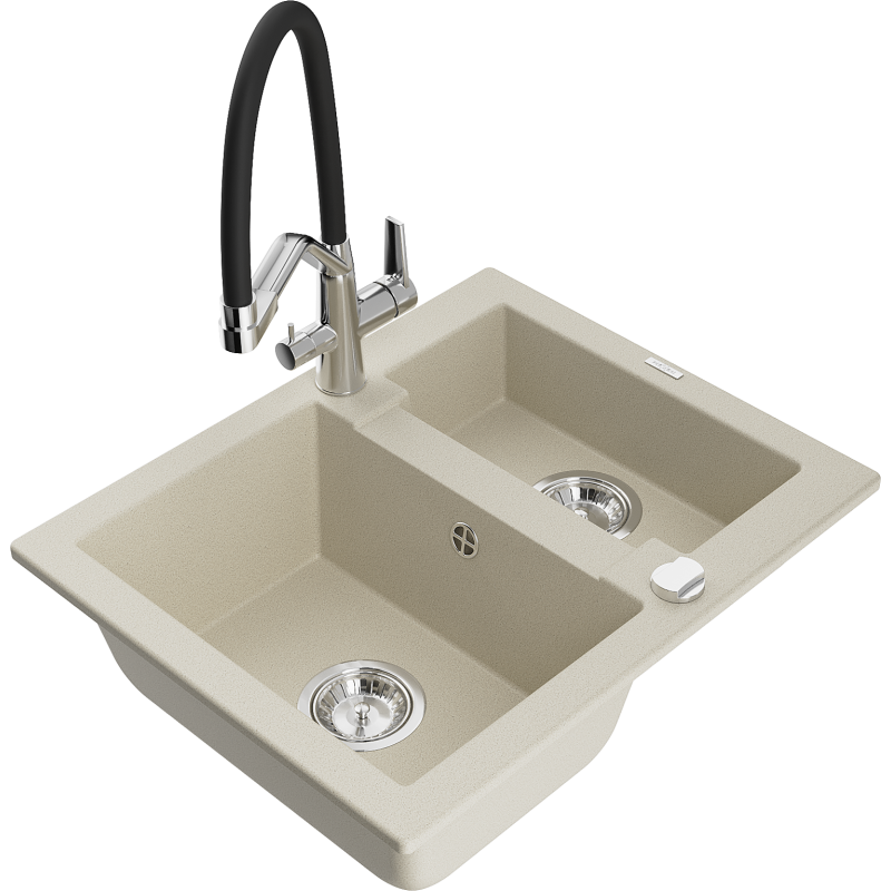 Mexen Carlos granite sink 1.5-bowl with Duo kitchen tap, beige - 6518-69-671701-07