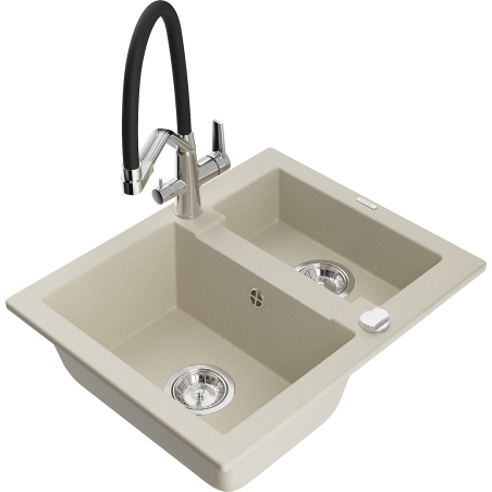 Mexen Carlos 1.5-bowl granite sink with Duo kitchen faucet, beige - 6518-69-671701-07