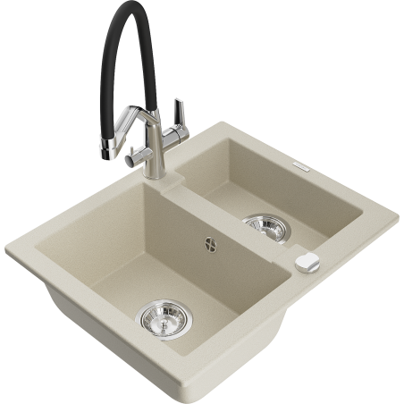 Mexen Carlos granite sink 1.5-bowl with Duo kitchen faucet, beige - 6518-69-671701-07