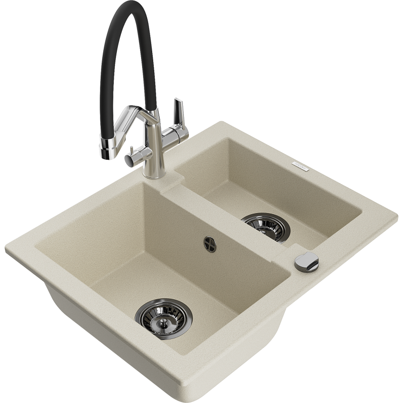 Mexen Carlos 1.5-bowl granite sink with Duo kitchen tap, beige - 6518-69-671701-07-B