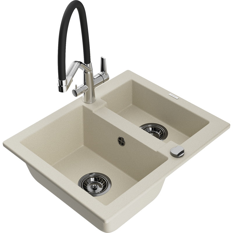 Mexen Carlos granite sink 1.5-bowl with Duo kitchen faucet, beige - 6518-69-671701-07-B