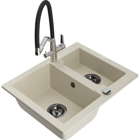 Mexen Carlos 1.5-bowl granite sink with Duo kitchen tap, beige - 6518-69-671701-07-B