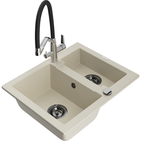 Mexen Carlos granite sink 1.5-bowl with Duo kitchen faucet, beige - 6518-69-671701-07-B