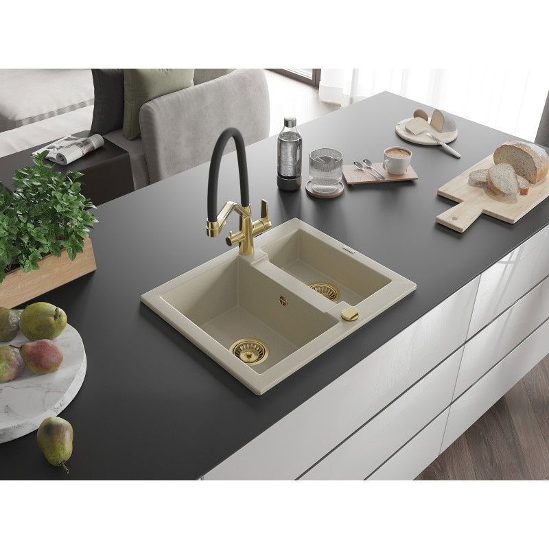 Mexen Carlos granite sink 1.5-bowl with Duo kitchen tap, beige - 6518-69-671701-57-G
