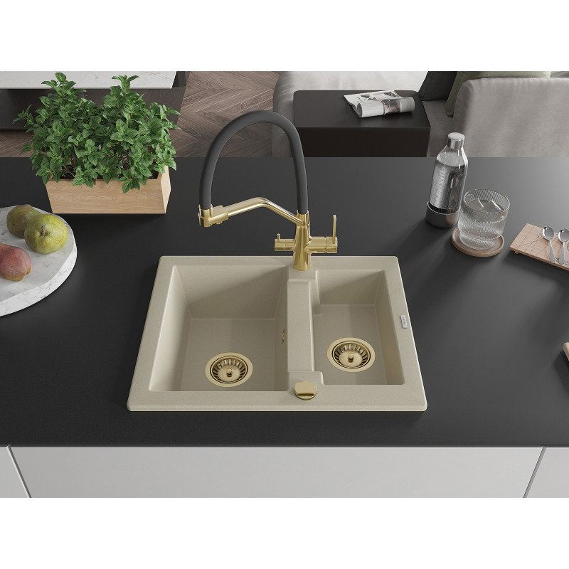 Mexen Carlos granite sink 1.5-bowl with Duo kitchen faucet, beige - 6518-69-671701-57-G