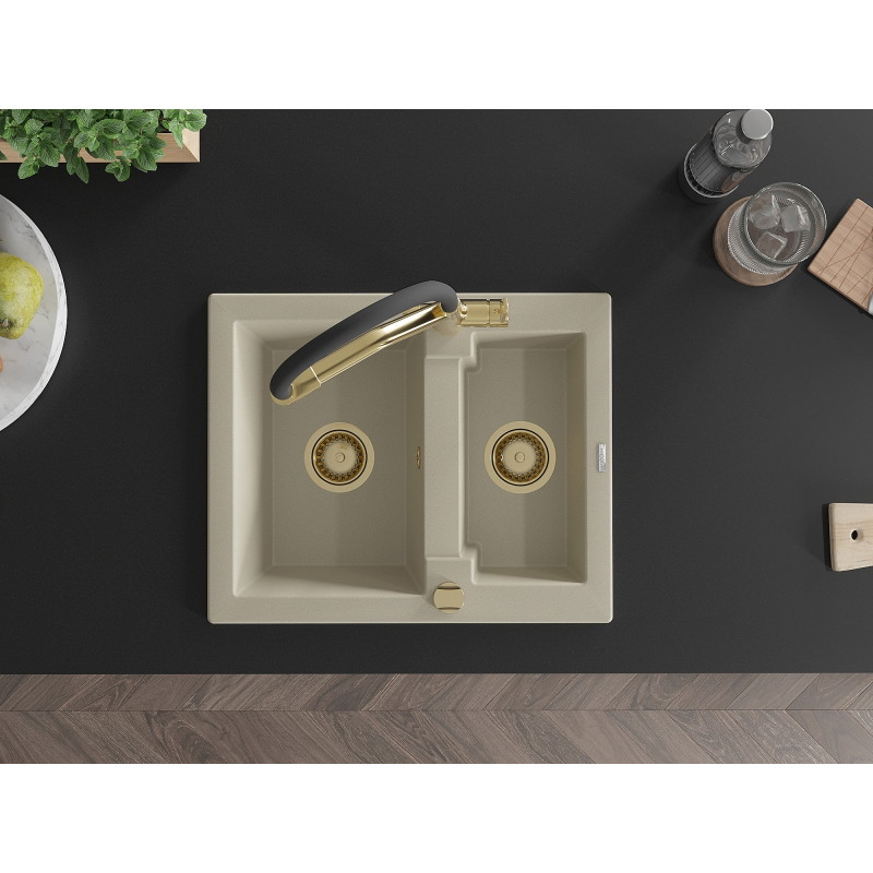 Mexen Carlos granite kitchen sink 1.5-bowl with Duo kitchen faucet, beige - 6518-69-671701-57-G