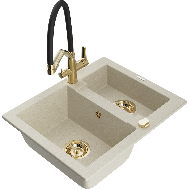 Mexen Carlos granite kitchen sink 1.5-bowl with Duo kitchen faucet, beige - 6518-69-671701-57-G