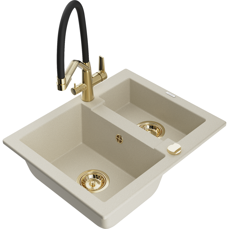 Mexen Carlos granite sink 1.5-bowl with Duo kitchen tap, beige - 6518-69-671701-57-G