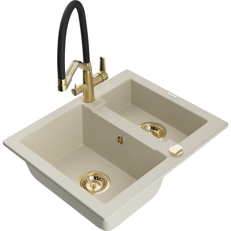 Mexen Carlos granite kitchen sink 1.5-bowl with Duo kitchen faucet, beige - 6518-69-671701-57-G