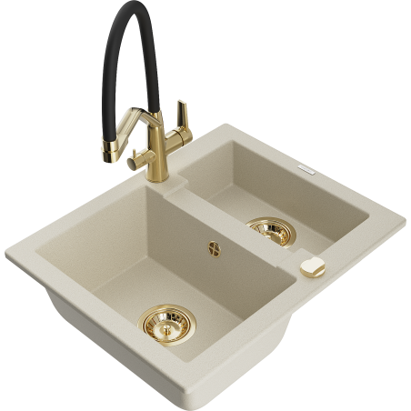Mexen Carlos granite sink 1.5-bowl with Duo kitchen tap, beige - 6518-69-671701-57-G