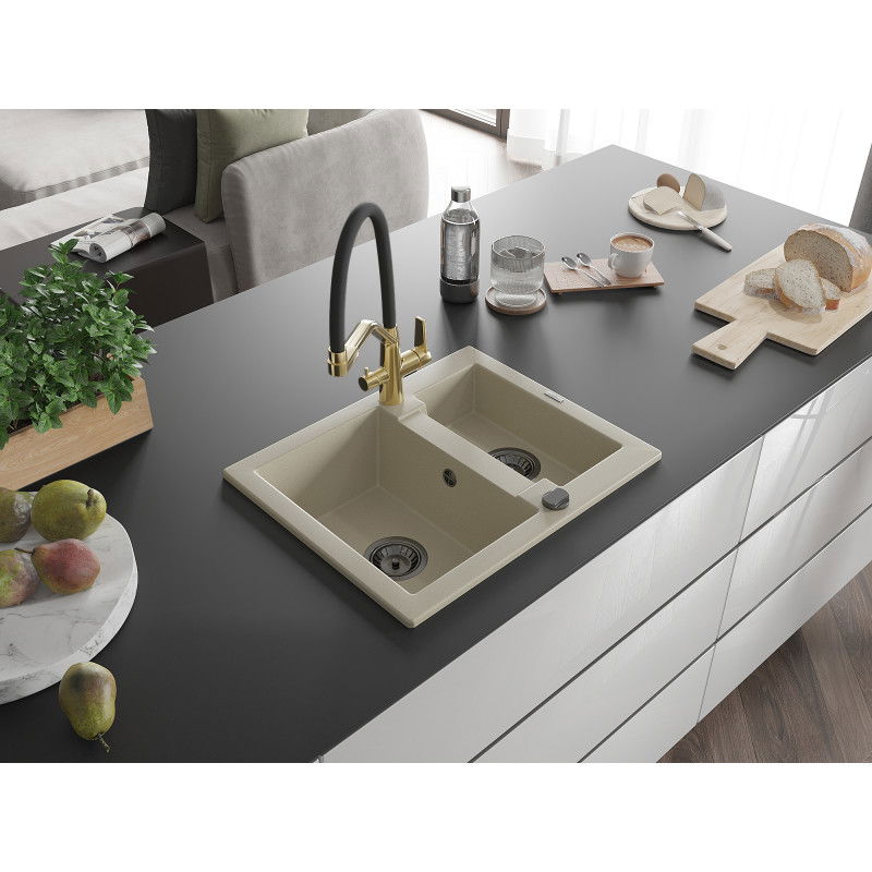 Mexen Carlos granite sink 1.5-bowl with Duo kitchen tap, beige - 6518-69-671701-57-B