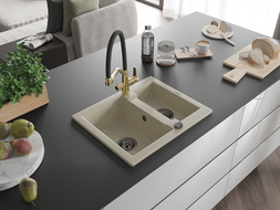 Mexen Carlos 1.5-compartment granite sink with a kitchen mixer tap Duo, Beige - 6518-69-671701-57-B