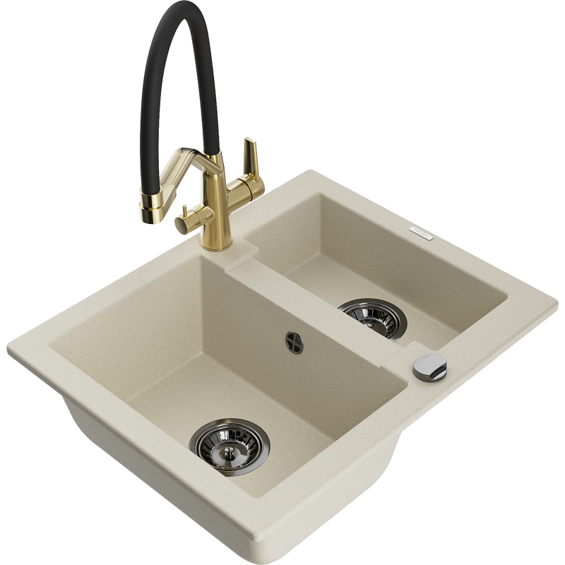 Mexen Carlos granite sink 1.5-bowl with Duo kitchen tap, beige - 6518-69-671701-57-B