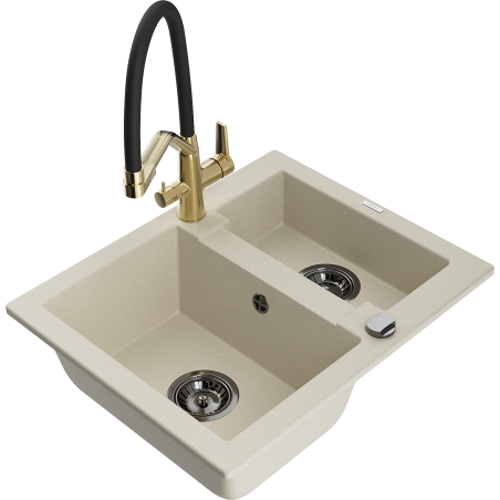 Mexen Carlos 1.5-compartment granite sink with a kitchen mixer tap Duo, Beige - 6518-69-671701-57-B