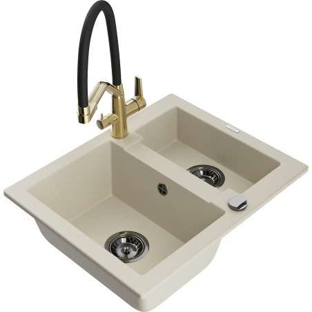 Mexen Carlos granite sink 1.5-bowl with Duo kitchen tap, beige - 6518-69-671701-57-B