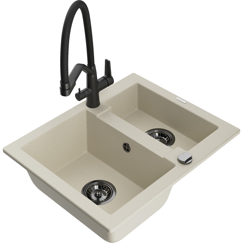 Mexen Carlos 1.5-Bowl Granite Sink with Duo Kitchen Faucet, Beige - 6518-69-671701-70-B