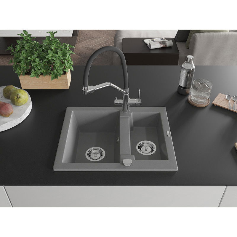 Mexen Carlos granite sink 1.5-bowl with Duo kitchen tap, grey - 6518-71-671701-07