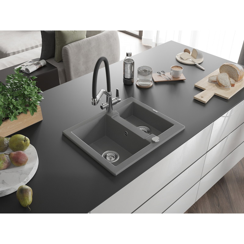 Mexen Carlos granite sink 1.5-bowl with Duo kitchen faucet, gray - 6518-71-671701-07