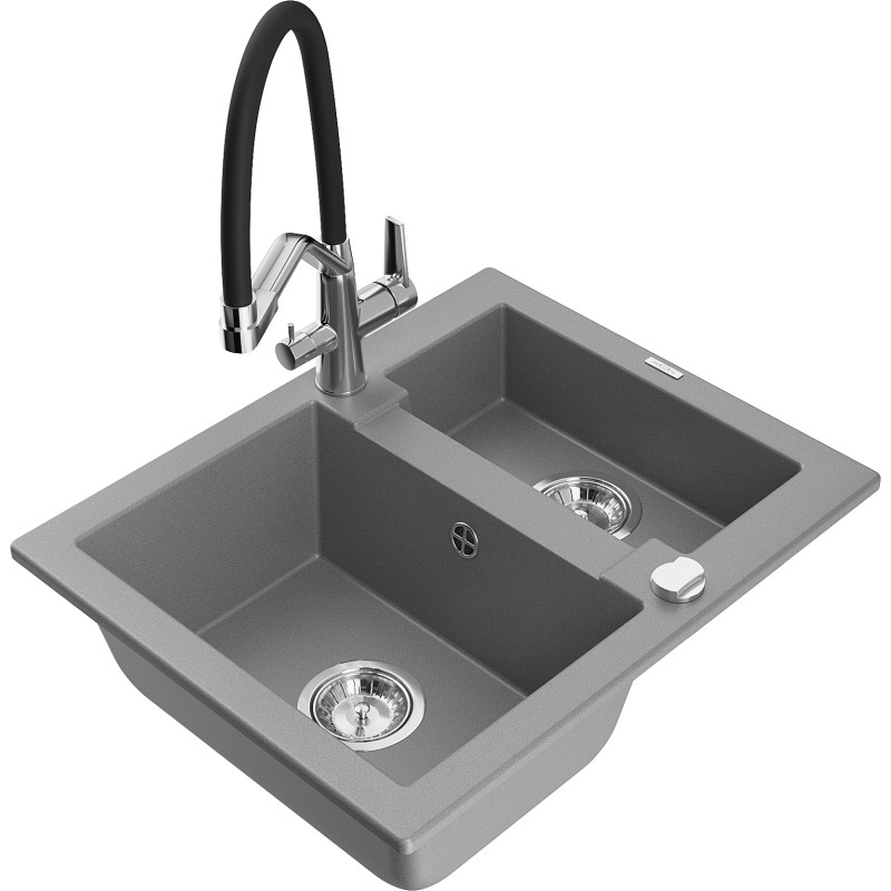 Mexen Carlos granite sink 1.5-bowl with Duo kitchen faucet, gray - 6518-71-671701-07
