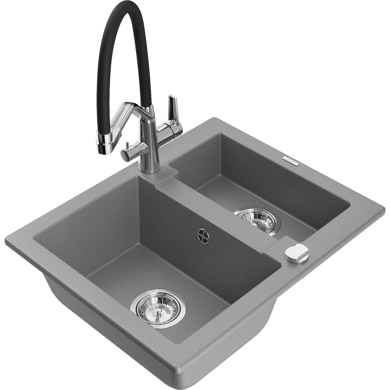 Mexen Carlos granite sink 1.5-bowl with Duo kitchen tap, grey - 6518-71-671701-07