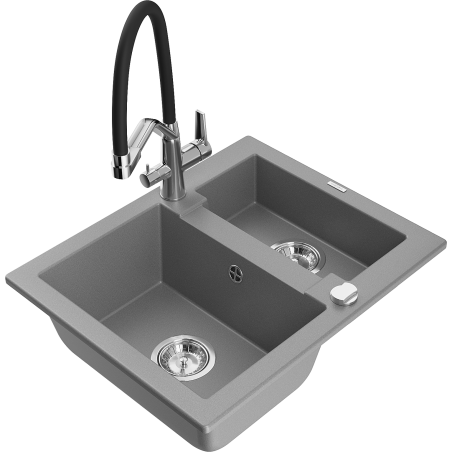 Mexen Carlos granite sink 1.5-bowl with Duo kitchen faucet, gray - 6518-71-671701-07
