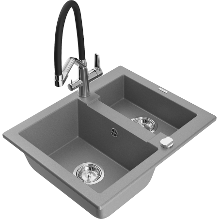 Mexen Carlos granite sink 1.5-bowl with Duo kitchen tap, grey - 6518-71-671701-07
