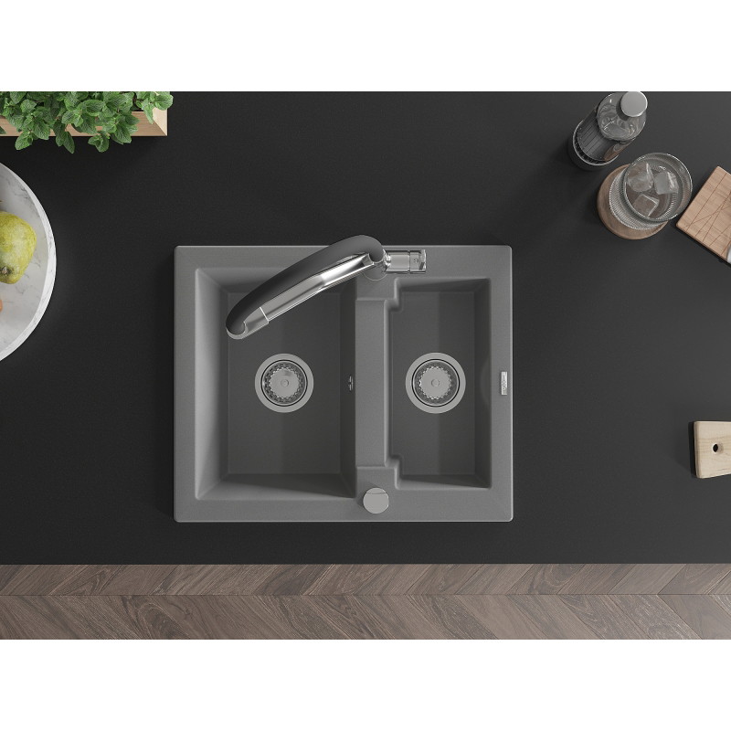 Mexen Carlos granite sink 1.5-bowl with Duo kitchen faucet, gray - 6518-71-671701-07