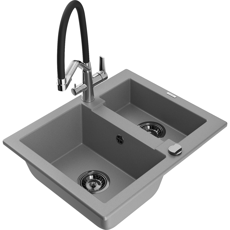 Mexen Carlos granite sink 1.5-bowl with Duo kitchen tap, grey - 6518-71-671701-07-B