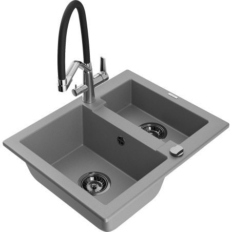 Mexen Carlos 1.5-compartment granite sink with a kitchen mixer tap Duo, grey - 6518-71-671701-07-B