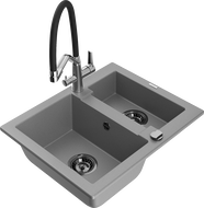 Mexen Carlos 1.5-compartment granite sink with a kitchen mixer tap Duo, grey - 6518-71-671701-07-B