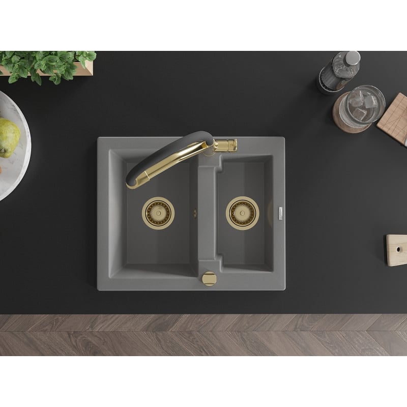 Mexen Carlos granite sink 1.5-bowl with Duo kitchen faucet, gray - 6518-71-671701-57-G