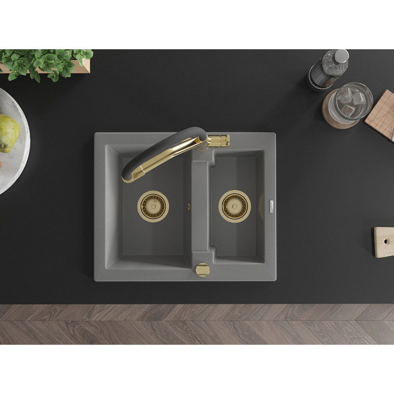 Mexen Carlos granite sink 1.5-bowl with Duo kitchen tap, grey - 6518-71-671701-57-G